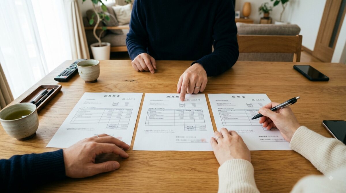 複数社の見積書を見比べている様子
