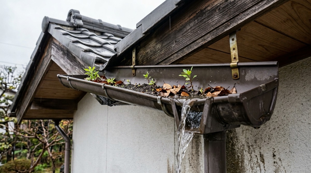 落ち葉と土がたまって水があふれている住宅の雨樋