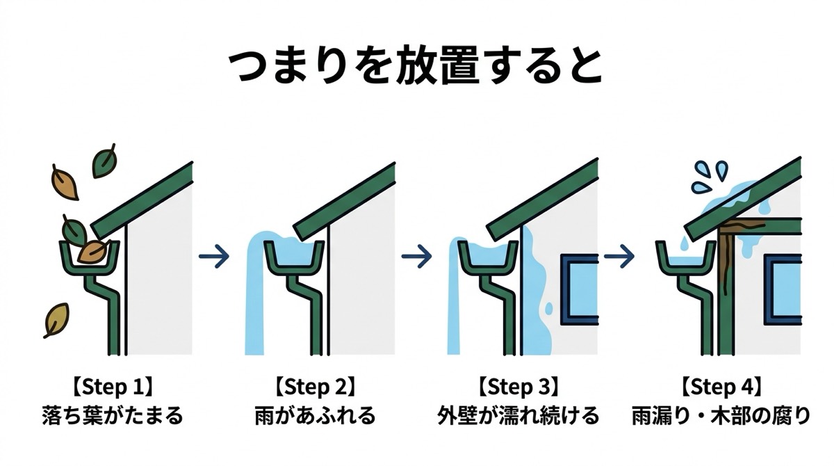 雨樋のつまりが外壁の劣化や雨漏りにつながる流れを示した図解