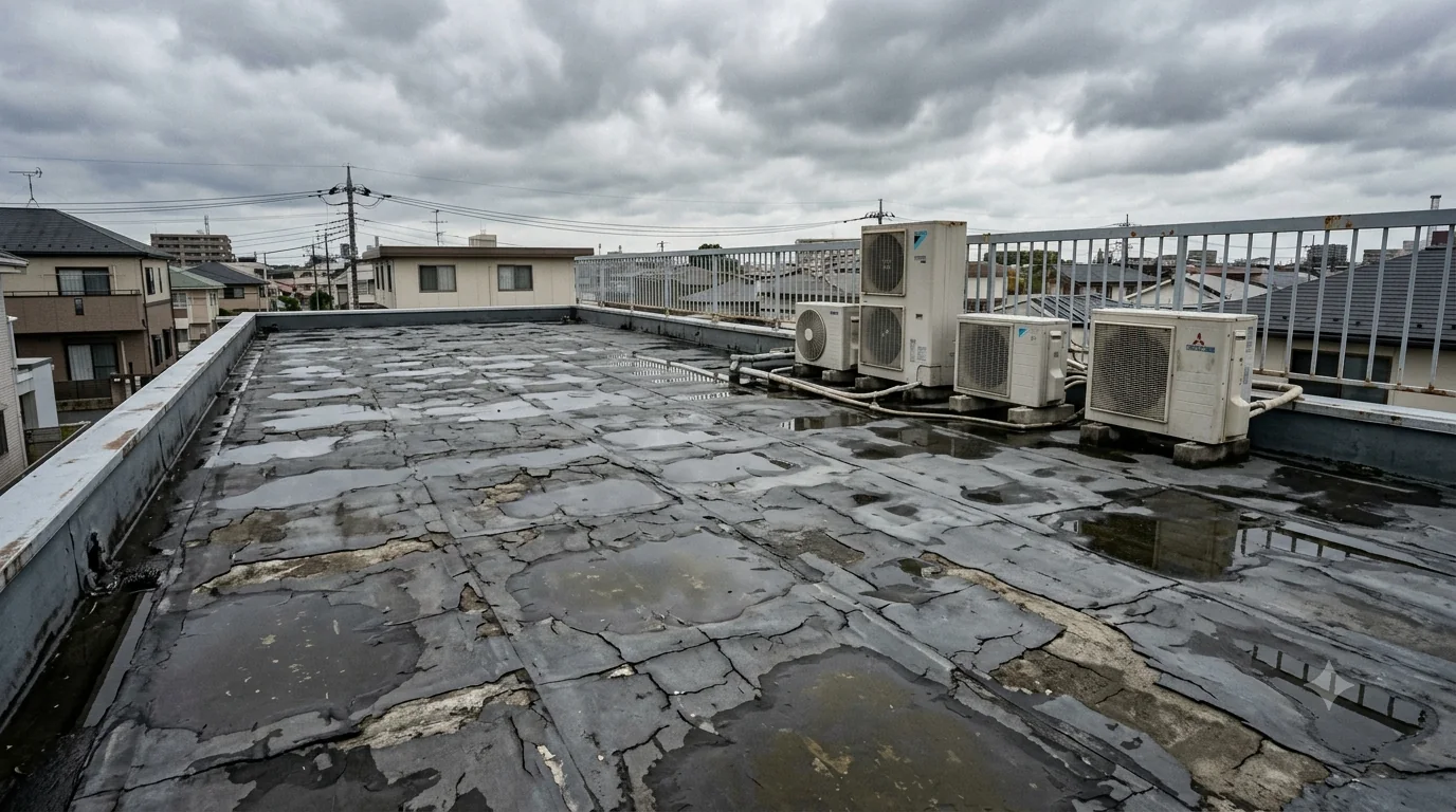 防水層がひび割れて水たまりができた劣化した屋上