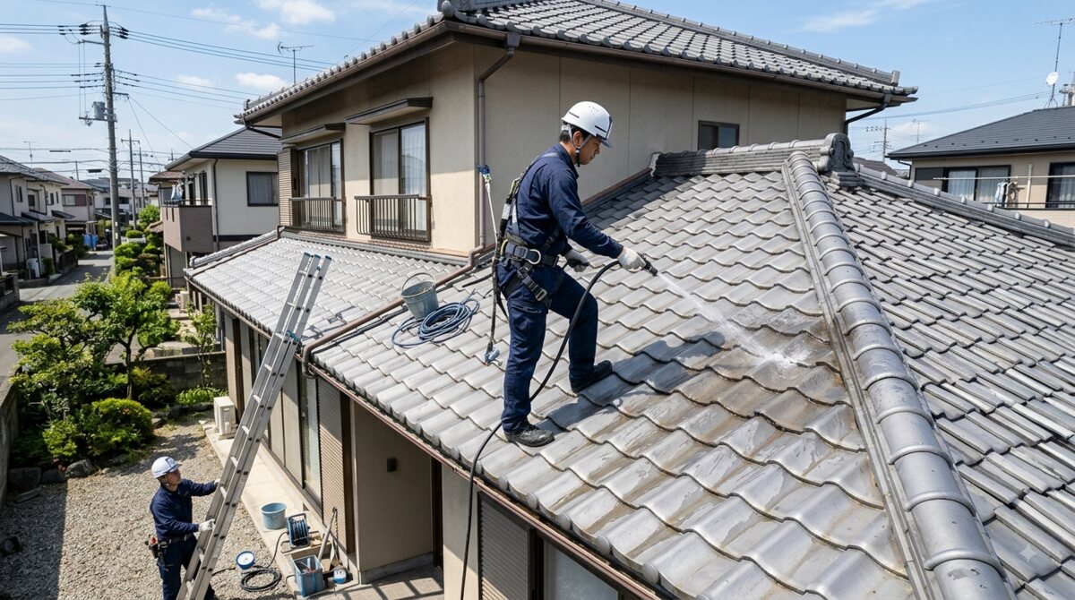屋根に散水して雨漏りの浸入口を調べている散水調査の様子