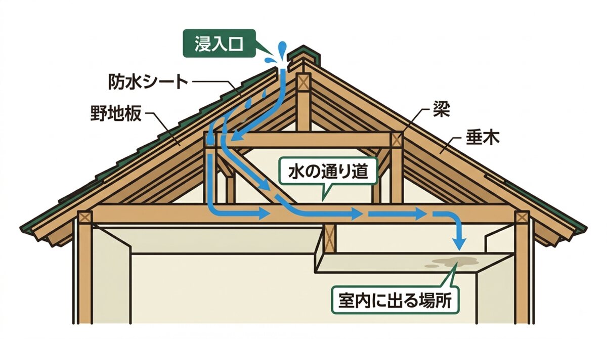 雨水が屋根内部を伝って離れた場所に出る仕組みの断面図