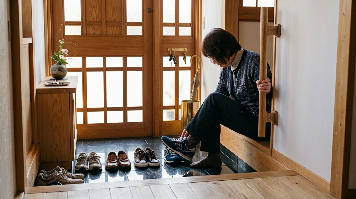 玄関の上がり框の脇に取り付けられた木製の縦手すりと、手すりを握って靴を履く高齢の方