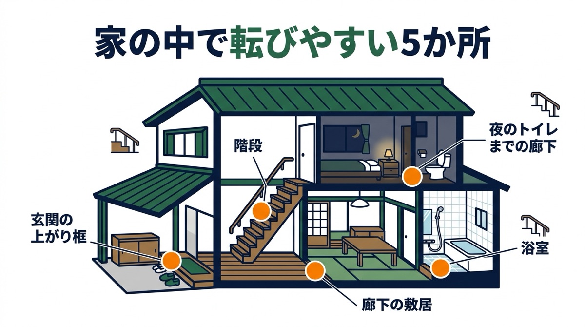 家の中で転びやすい5か所（玄関の上がり框・階段・廊下の敷居・浴室・夜のトイレまでの廊下）を示した住宅の断面図解