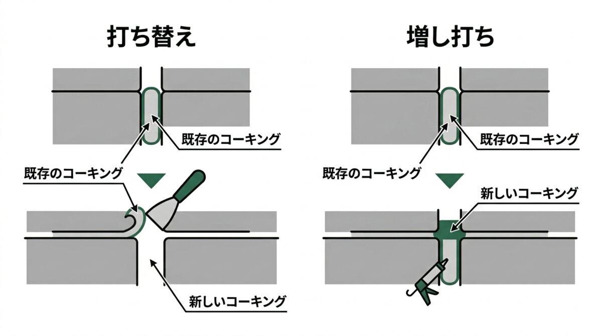 コーキングの打ち替えと増し打ちの違いを示した断面図