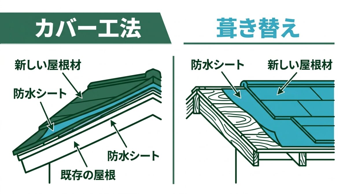 カバー工法と葺き替えの屋根断面を並べて比較した図