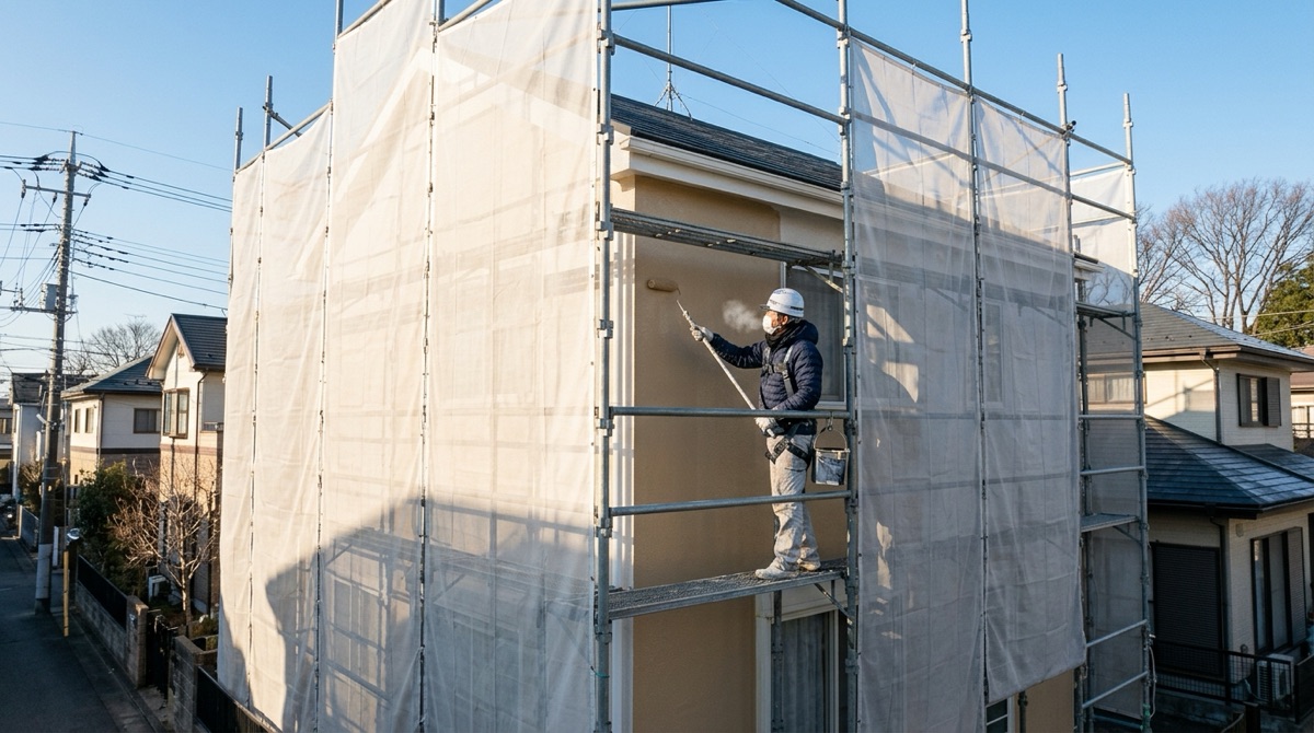 冬の晴れた日、足場を組んだ住宅の外壁をローラーで塗装する職人。吐く息が白い