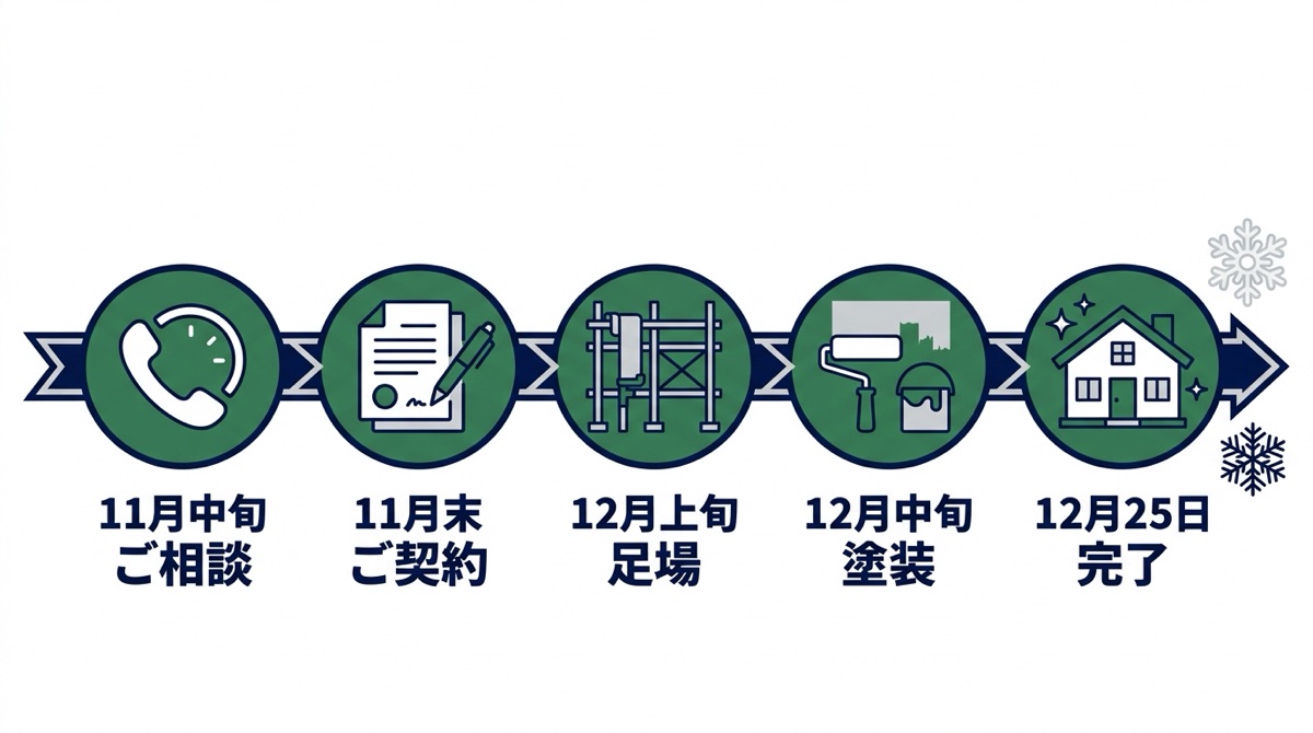 年内に外壁塗装を終えるための逆算スケジュールの図。11月中旬の相談から12月25日の完了まで
