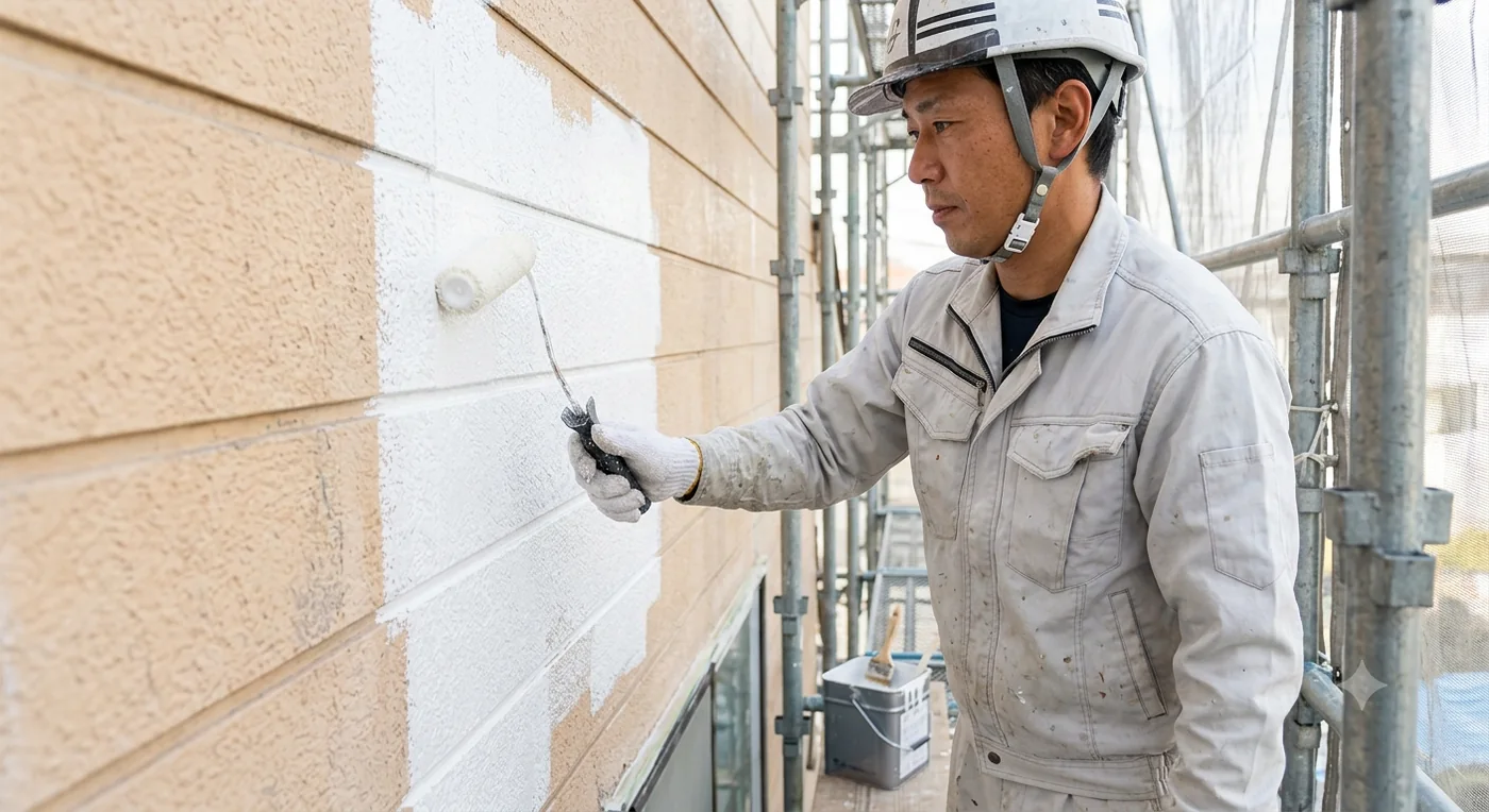 足場の上でローラーを使い外壁を下塗りしている職人