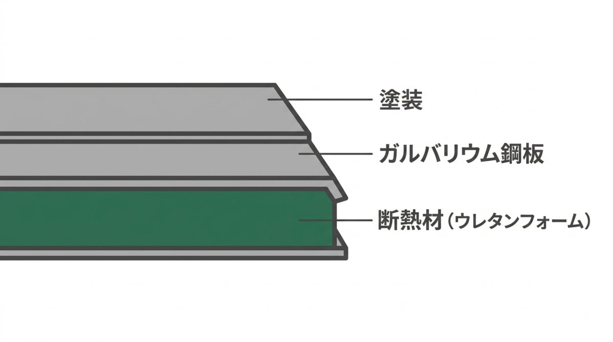 断熱材一体型のガルバリウム鋼板屋根材の断面構造図