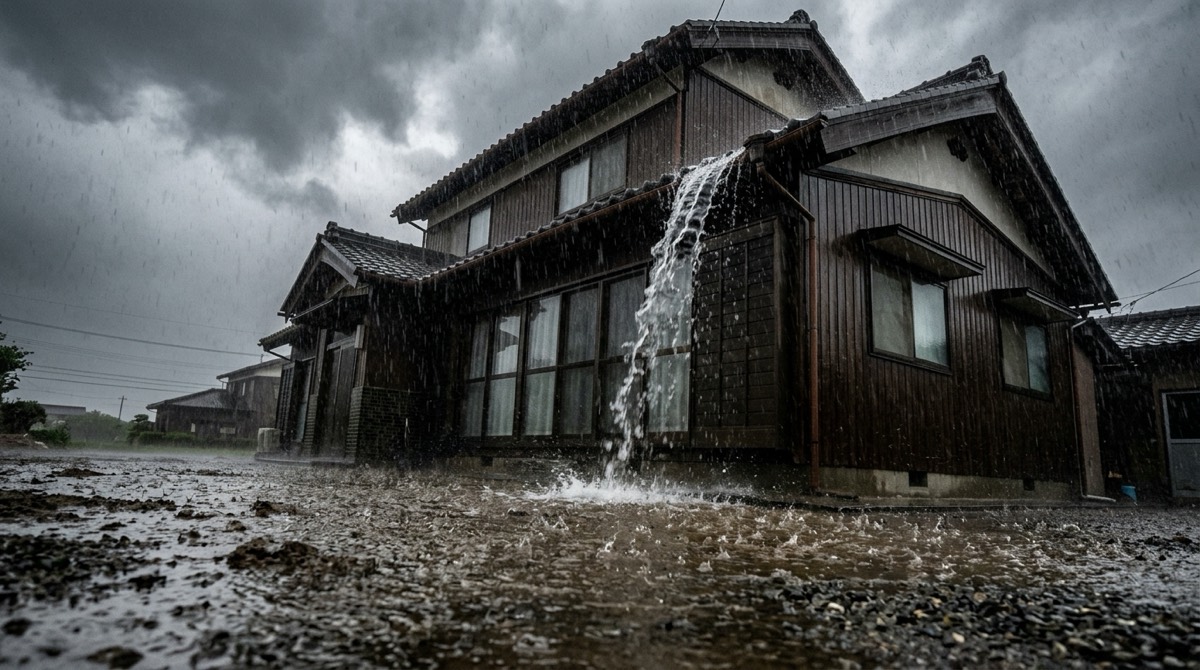 ゲリラ豪雨で雨樋から水があふれ、外壁を伝って流れ落ちている住宅