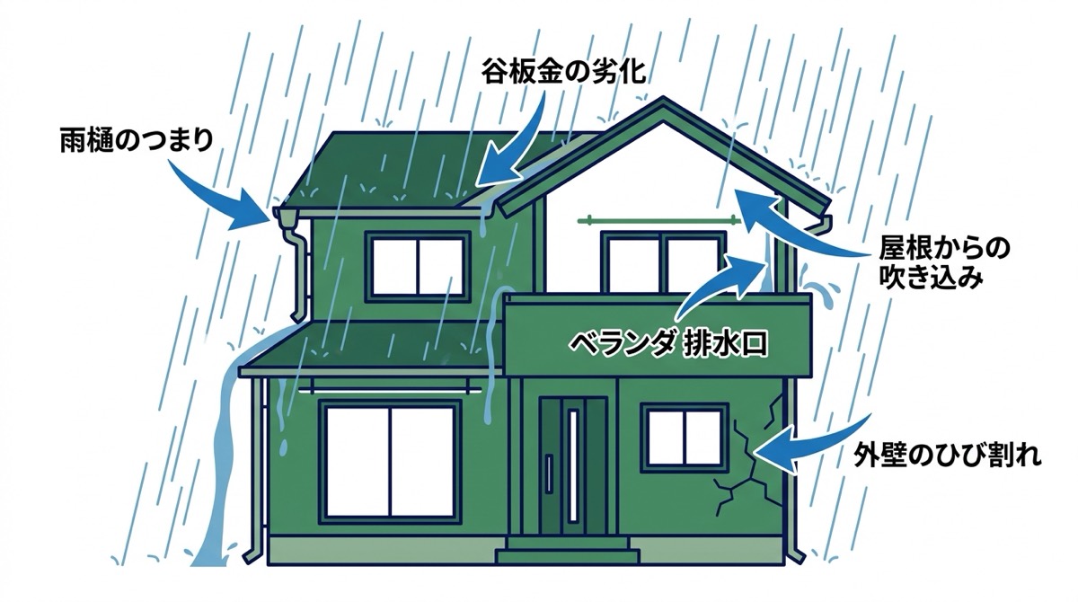 大雨のときだけ雨漏りする5つの浸入経路を示した住宅断面の図解