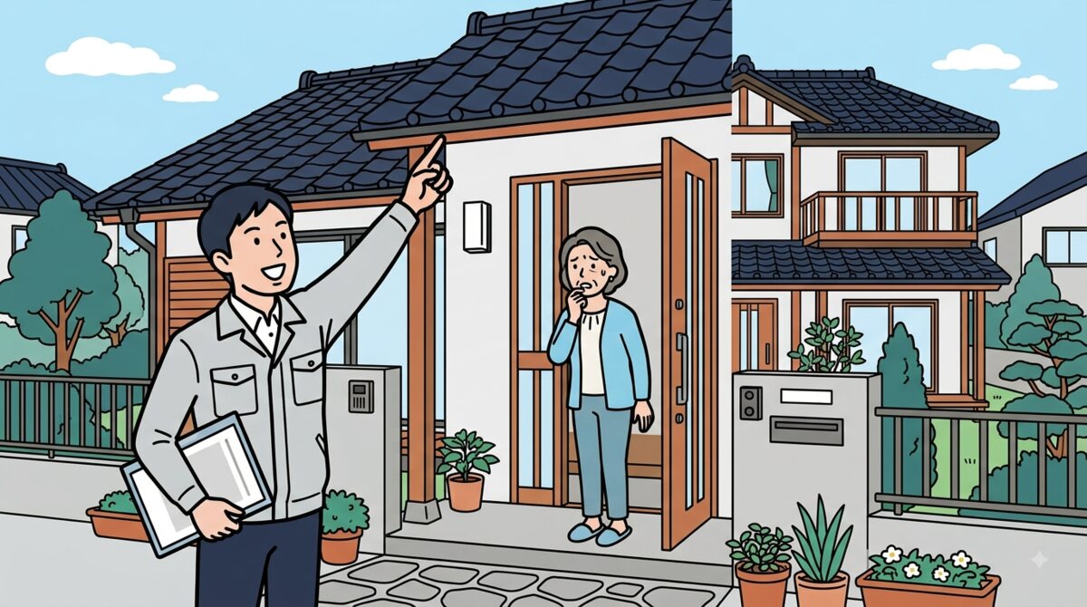 玄関先で屋根の飛び込み営業を受けて不安そうにしている住人のイラスト