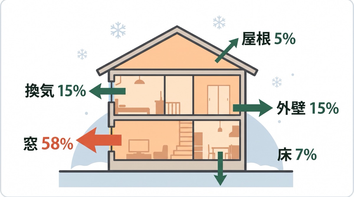 冬の暖房時に家から逃げる熱の内訳の図解。窓58%・換気15%・外壁15%・床7%・屋根5%