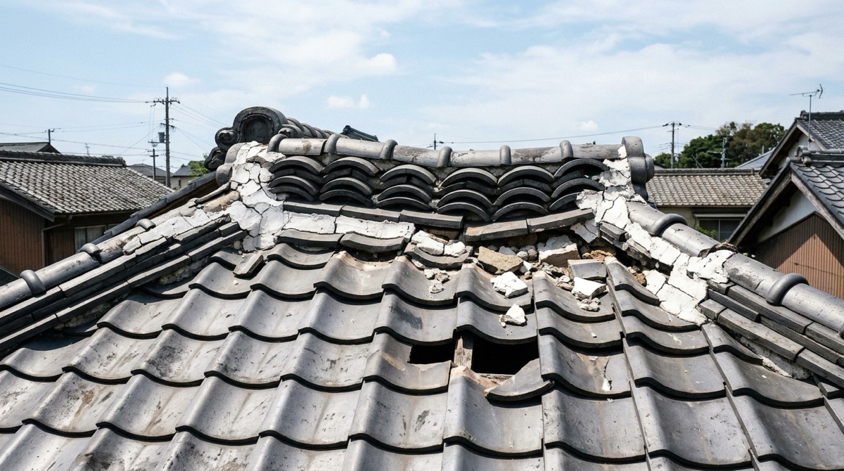 地震で棟が崩れ、漆喰が落ちて瓦がずれた日本瓦の屋根