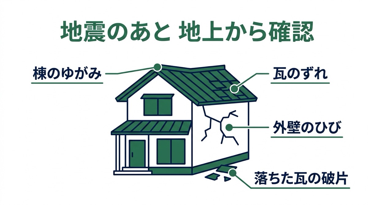 地震のあとに屋外と室内で確認するチェックポイントの図解