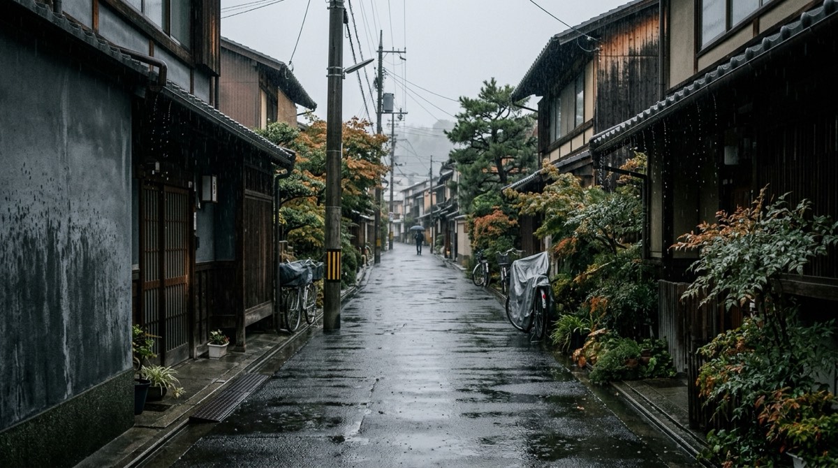 細かい雨が降り続く日本の街並み。路面も外壁も乾いた場所がない
