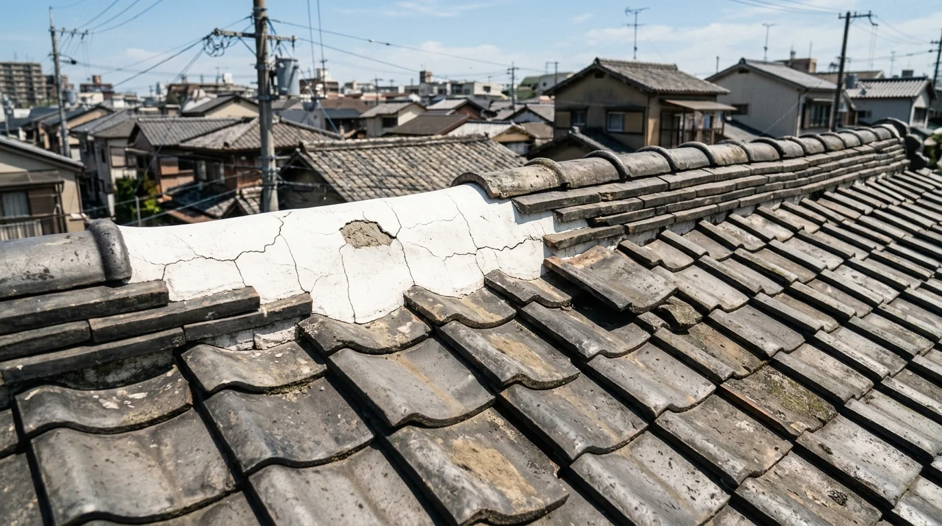棟の漆喰が剥がれ瓦がずれた大阪の住宅密集地の和瓦屋根