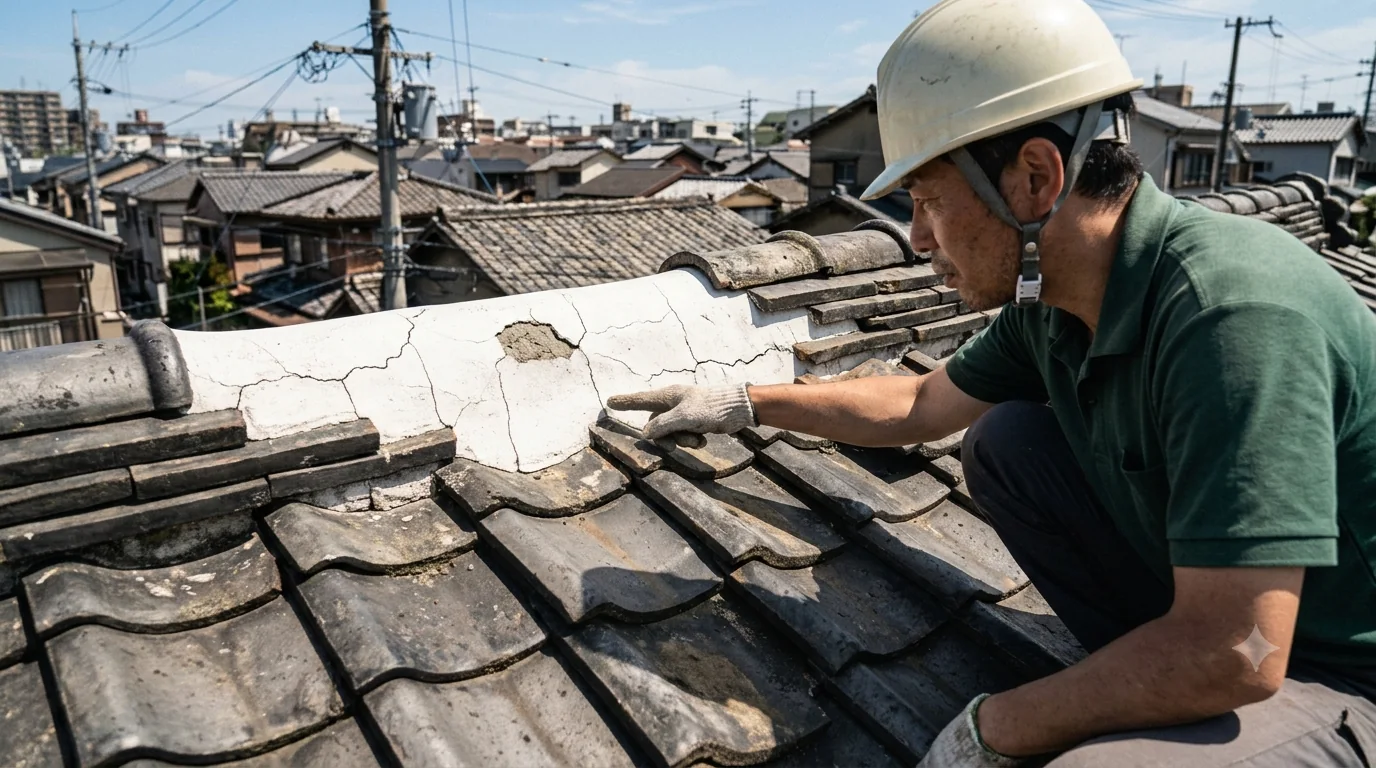 屋根の上で棟の漆喰の劣化箇所を指差して確認するキヨスホームのスタッフ