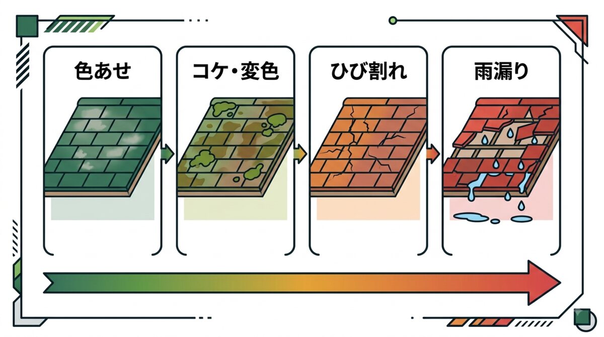 スレート屋根の劣化段階と適切な工事を示した図