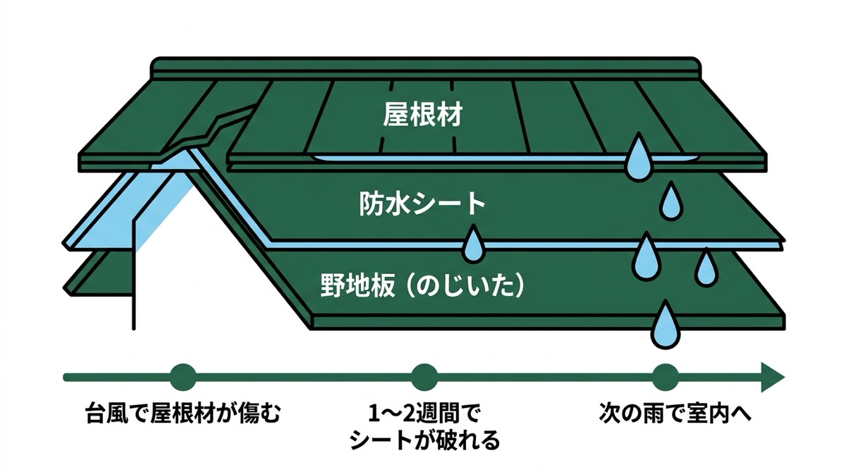 台風で屋根材が傷んでから室内に雨漏りが出るまでの時間差を示した、屋根の断面図