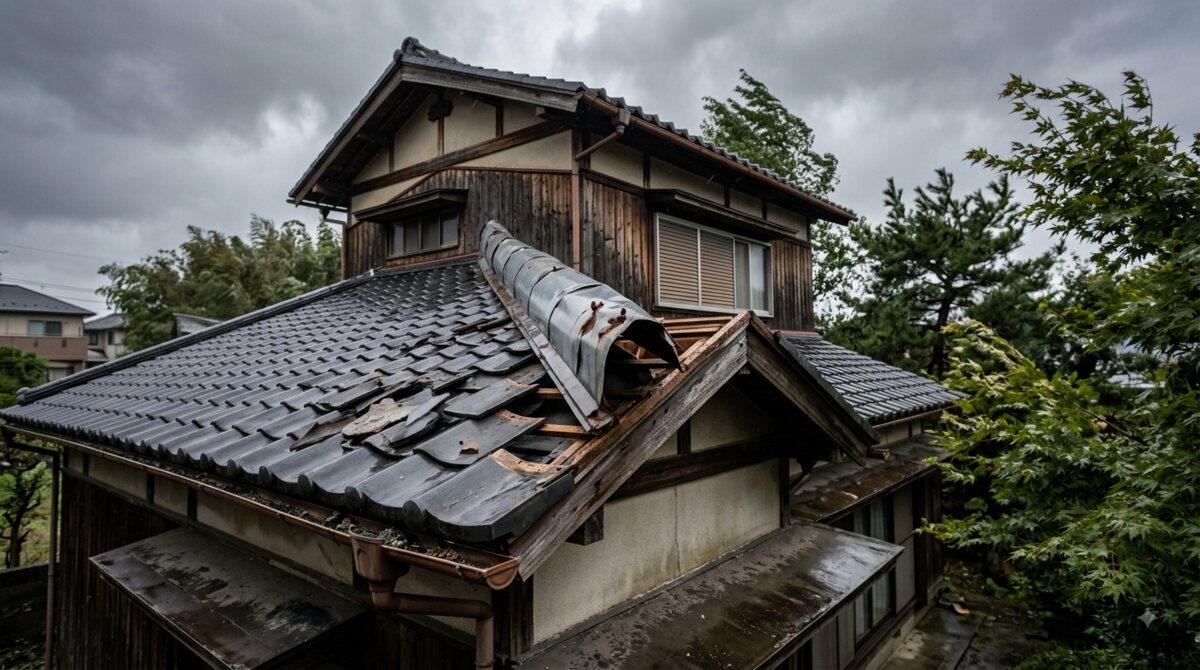 台風の強風で棟板金がめくれた屋根の様子