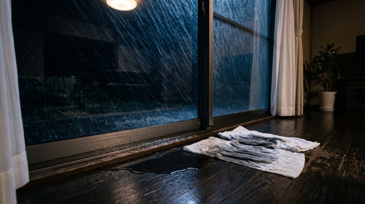 台風の夜、アルミサッシの下枠に雨水がたまってあふれ、窓ぎわの床にタオルを敷いている室内