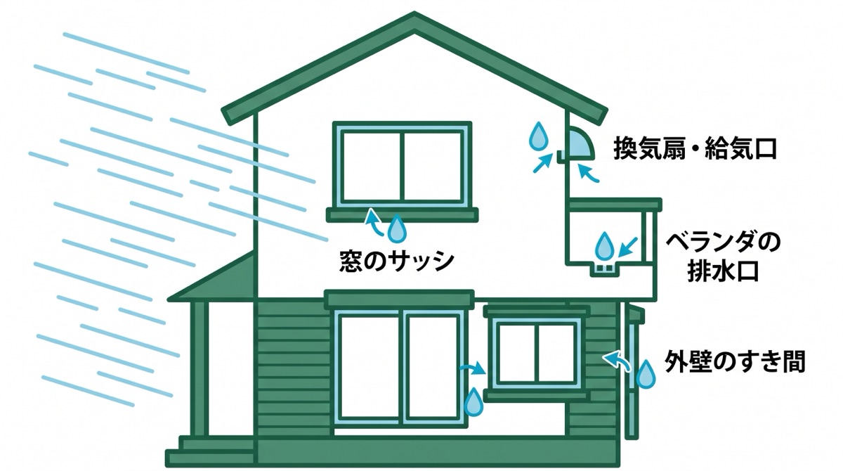 横なぐりの雨が住宅に当たり、窓のサッシ・換気扇と給気口・ベランダの排水口・外壁のすき間の4か所から水が入ることを示した図
