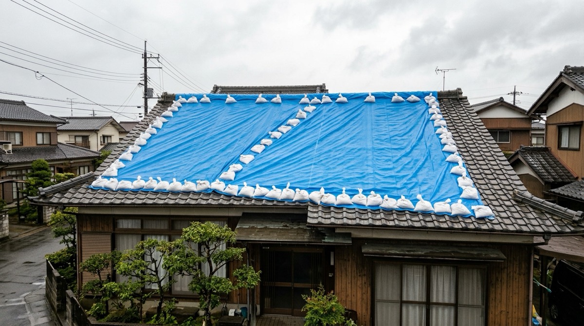 台風で破損した屋根にブルーシートと土のうで応急処置がされている様子