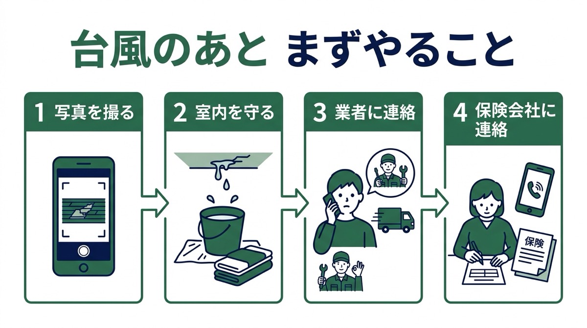 台風で屋根が壊れた直後にやることの順番をまとめた図解