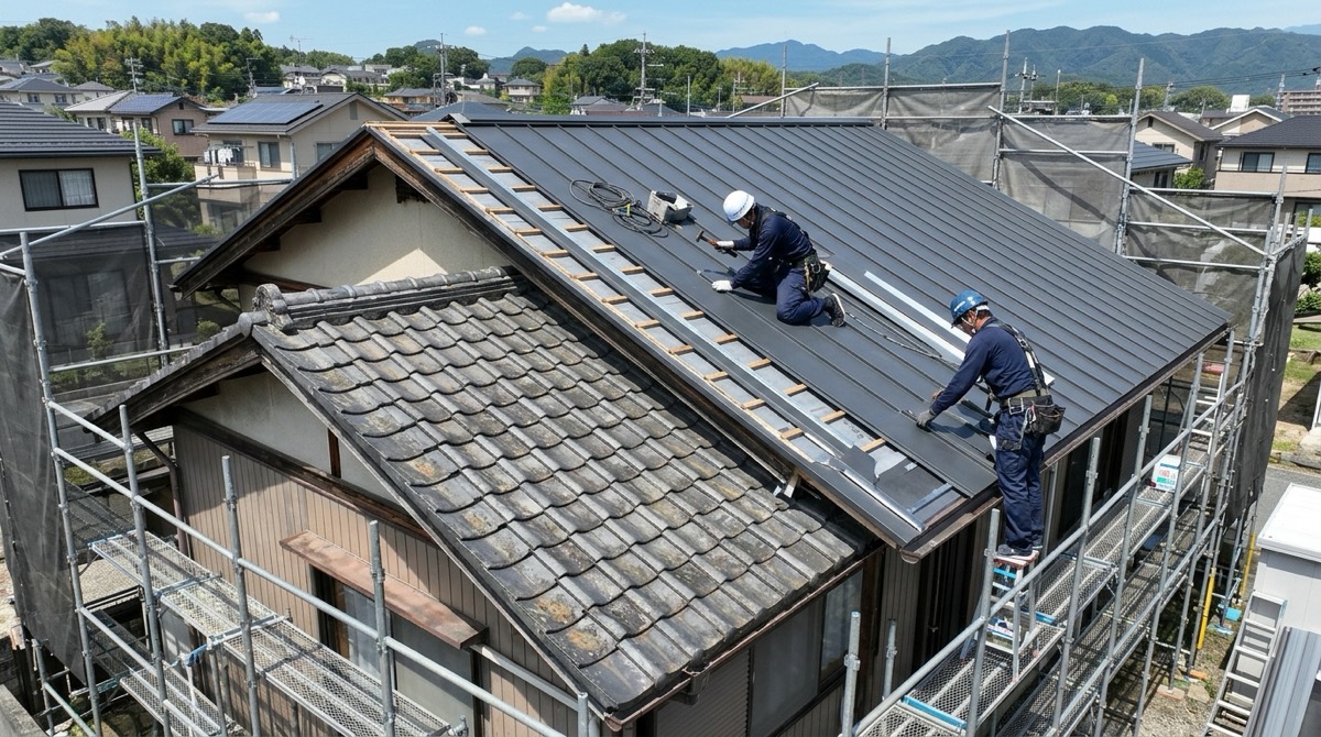 瓦屋根を撤去して軽量なガルバリウム鋼板の屋根に葺き替えている工事の様子