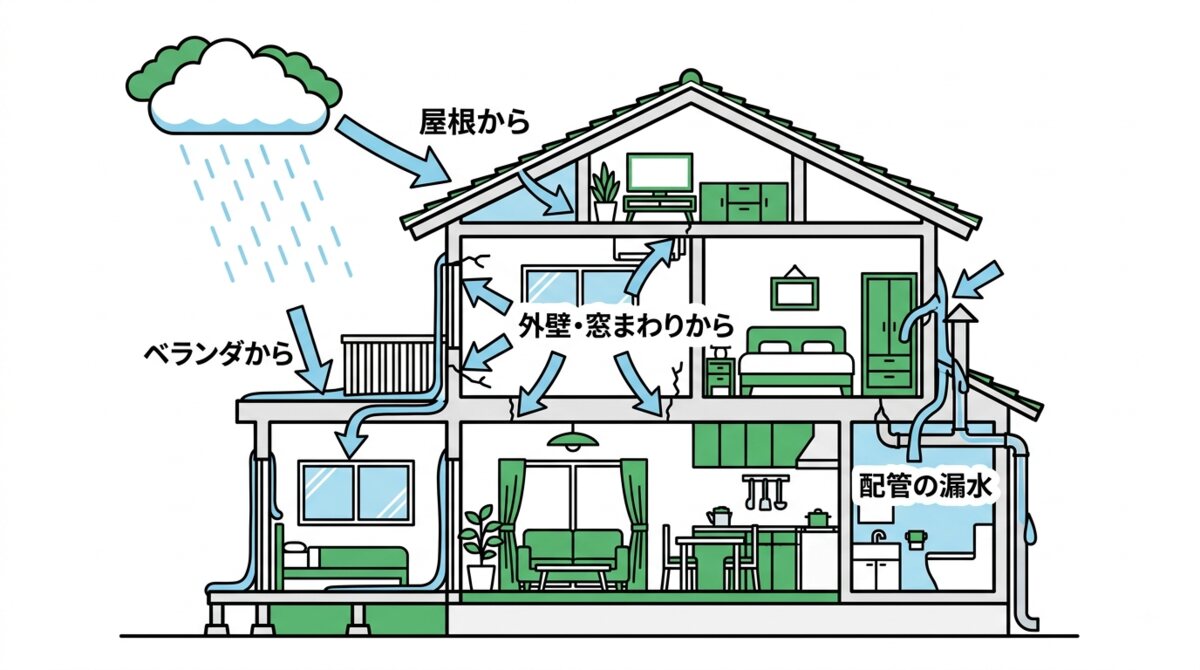 天井のシミの原因を屋根・外壁・ベランダ・配管に分けて示した断面図