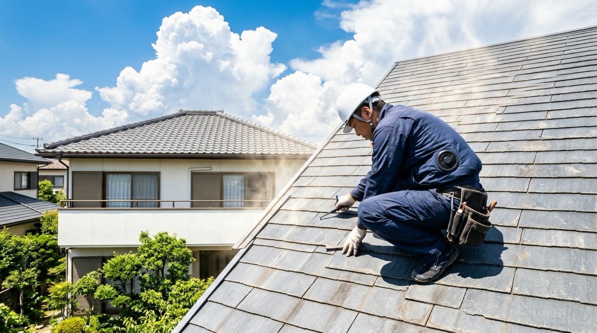 真夏の強い日差しを受ける住宅の屋根と、空調服を着て作業する職人