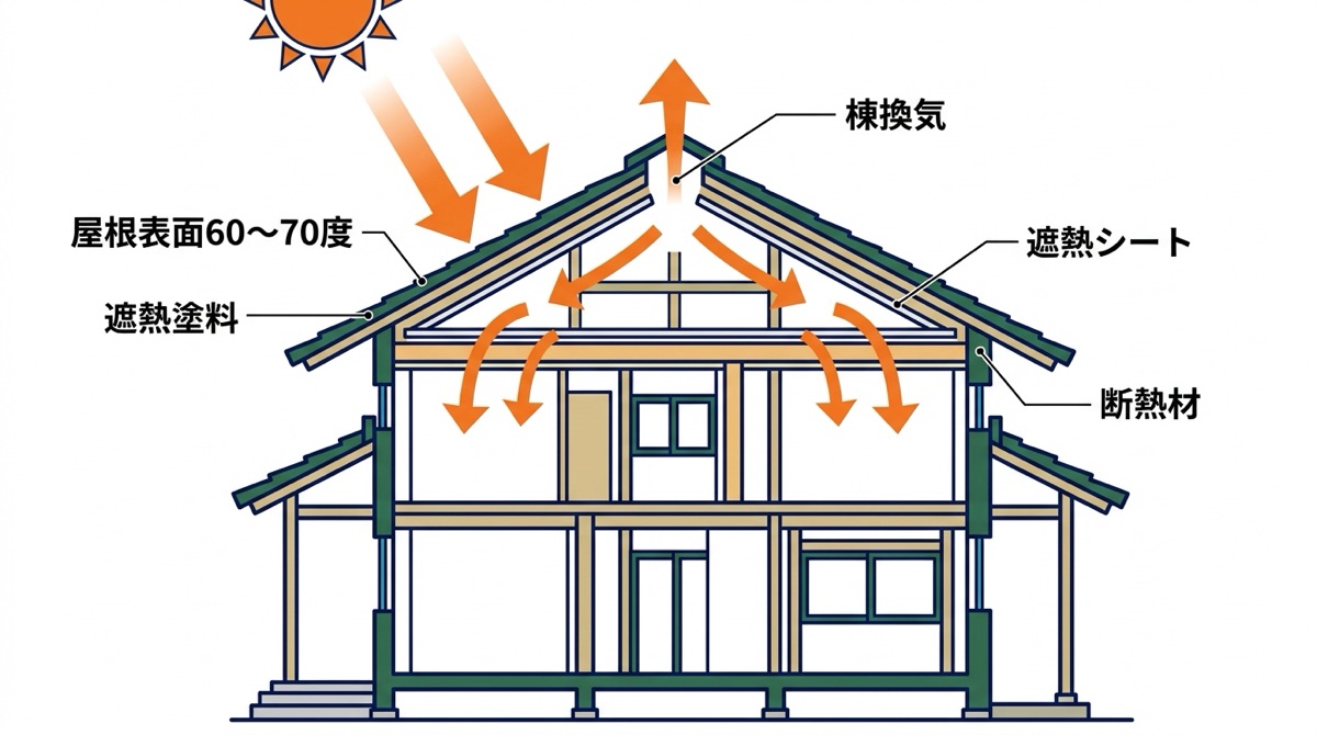 屋根から室内へ熱が伝わる仕組みと、遮熱塗料・遮熱シート・断熱材・棟換気の位置を示した断面図解